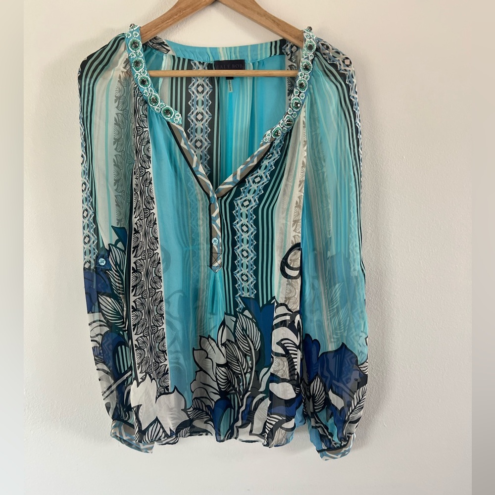 Hale Bob Sheer 100% Silk Shee Beaded Rhinestone Long Sleeve Striped Blouse Small